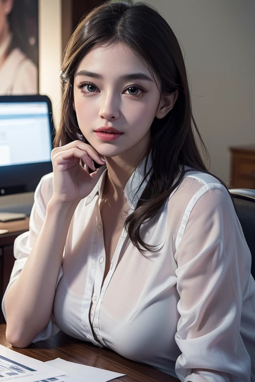 Ultra-clear resolution,top Quority,Clear eyes,plain face,Gloss on lips,s the perfect face,White and tender skin,Nice chest,beautifullegs,Pointed-toe heels,office uniform,Random environment