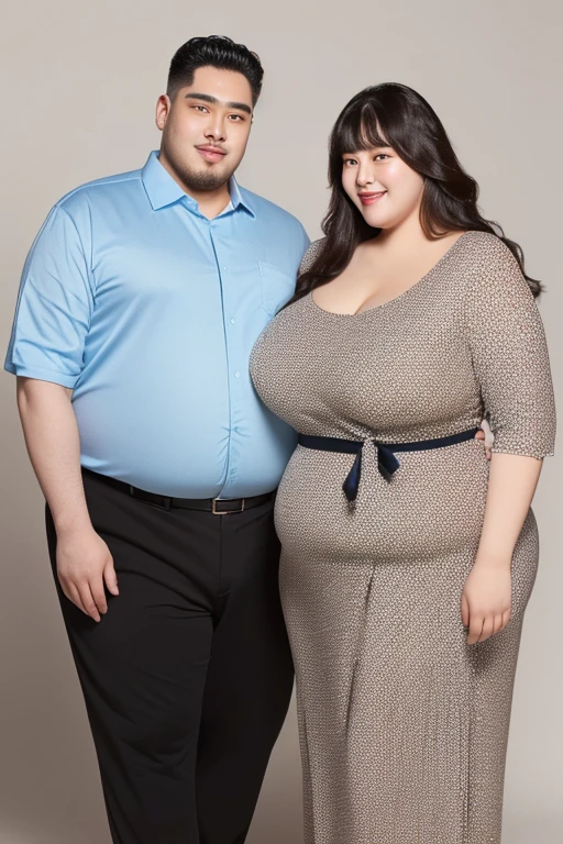 186cm 105kg thin man with abdominal obesity, ((140 kg thin woman with abdominal obesity)), A friendly extremely obese man and woman couple, photorealistic, 8K