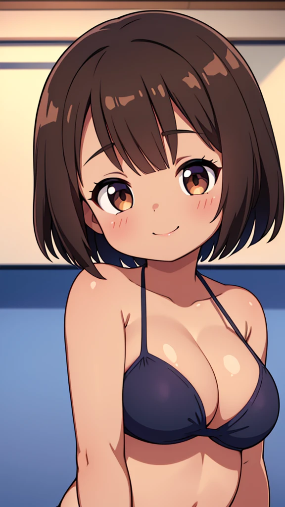 Beautiful young girl , Beautiful round breasts,Bust up front,Beautiful upturned breasts,G-Cup, Narrow waist,Brown skin,Short Bob,Baby Face, bikini top,(((Enlarged view of the upper body))),View from the front, Cleavage is clearly visible,Keep your head upright and smile,ID photo