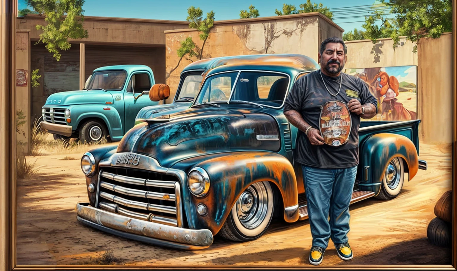 in the background a large wall with a large painting of an old pickup truck