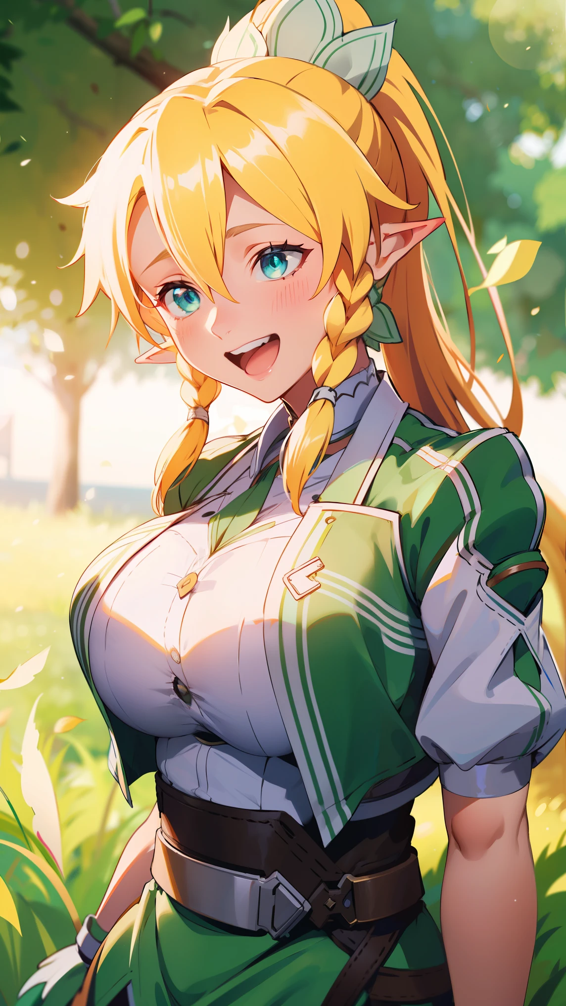 (((leafa))), blonde hair, long hair, green eyes, pointy ears,twin braids, hair between eyes,ponytail, very long hair,side braid, 
BREAK (labcoat, shirt, green skirt, belt:1.2)
BREAK upper body, (huge Laughing:1.1), (open mouth:1.1), closed eyes, sun glare, bokeh, depth of field, blurry background, light particles,
BREAK (masterpiece:1.2), best quality, high resolution, unity 8k wallpaper, (illustration:0.8), (beautiful detailed eyes:1.6), extremely detailed face, perfect lighting, extremely detailed CG, (perfect hands, perfect anatomy),