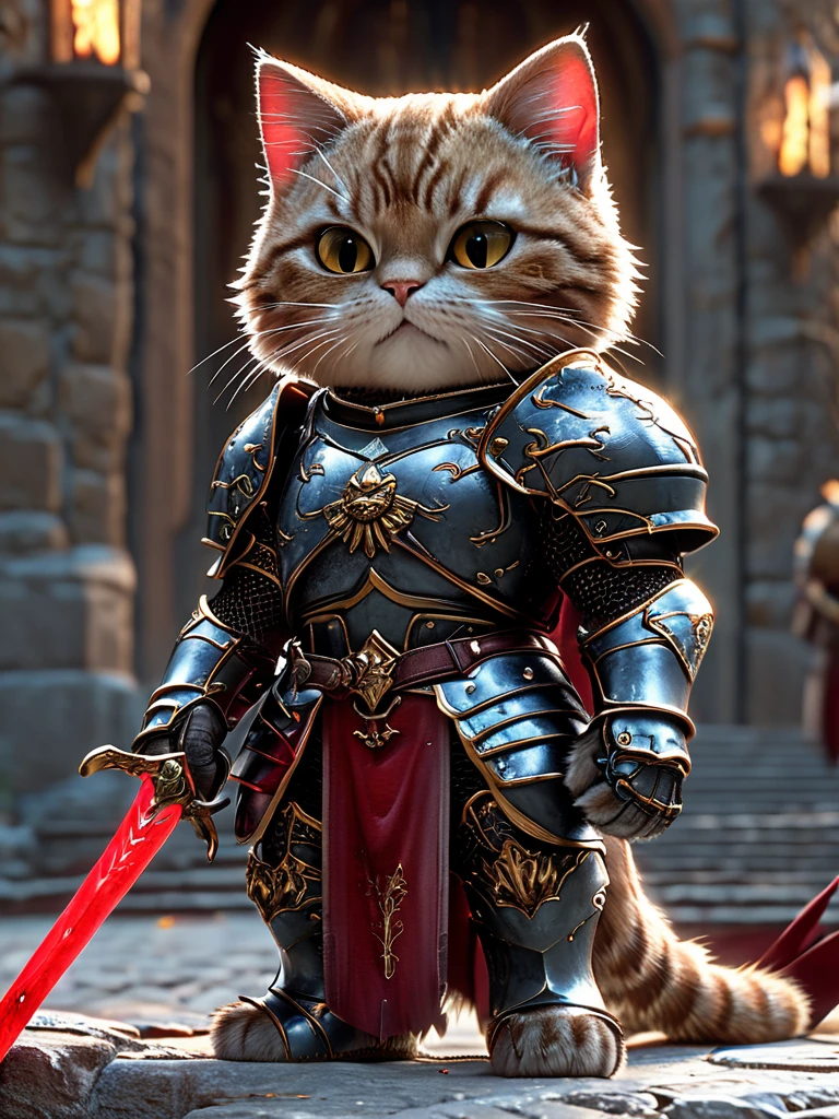 cat knight,Full body photography, Holding a red sword, Wearing dark armor, Castle Background, High resolution, masterpiece, Highest quality, Super detailed, Super detailed, Ultra-realistic,
 Hong Kong Style, 3D Fluffy, Cute and adorable close-ups, Cute big round reflective eyes, Long fuzzy fur, Pixar Rendering, unreal engine Cinematic smooth, Exquisite detail, Cinematic