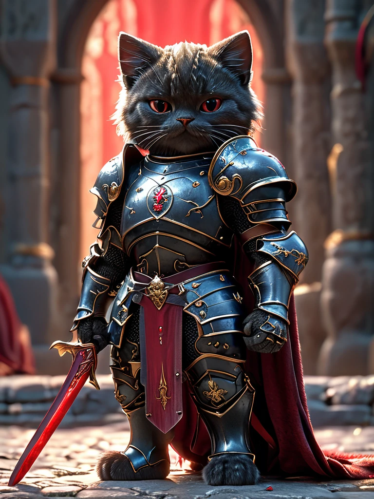 cat knight,Full body photography, Holding a red sword, Wearing dark armor, Castle Background, High resolution, masterpiece, Highest quality, Super detailed, Super detailed, Ultra-realistic,
Hong Kong Style, 3D Fluffy, Cute and adorable close-ups, Cute big round reflective eyes, Long fuzzy fur, Pixar Rendering, unreal engine Cinematic smooth, Exquisite detail, Cinematic