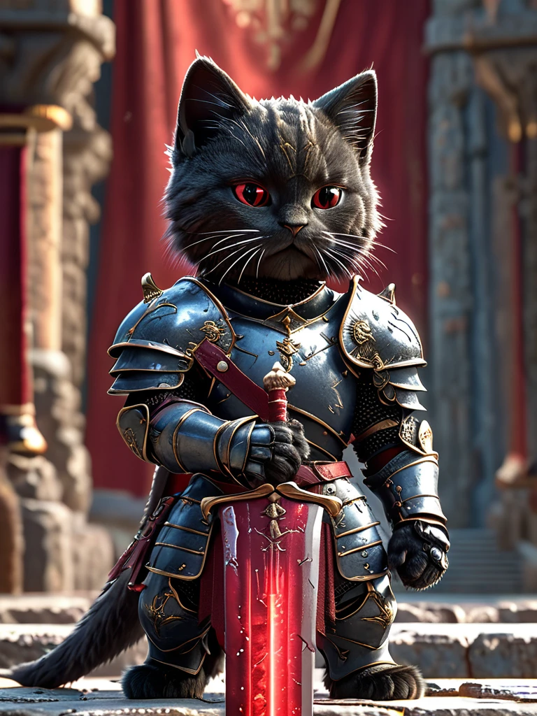 cat knight,Full body photography, Holding a red sword, Wearing dark armor, Castle Background, High resolution, masterpiece, Highest quality, Super detailed, Super detailed, Ultra-realistic,
Hong Kong Style, 3D Fluffy, Cute and adorable close-ups, Cute big round reflective eyes, Long fuzzy fur, Pixar Rendering, unreal engine Cinematic smooth, Exquisite detail, Cinematic