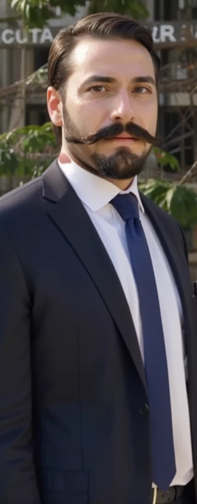 Man in suit and tie, with beard and mustache, lawyer, city in the background