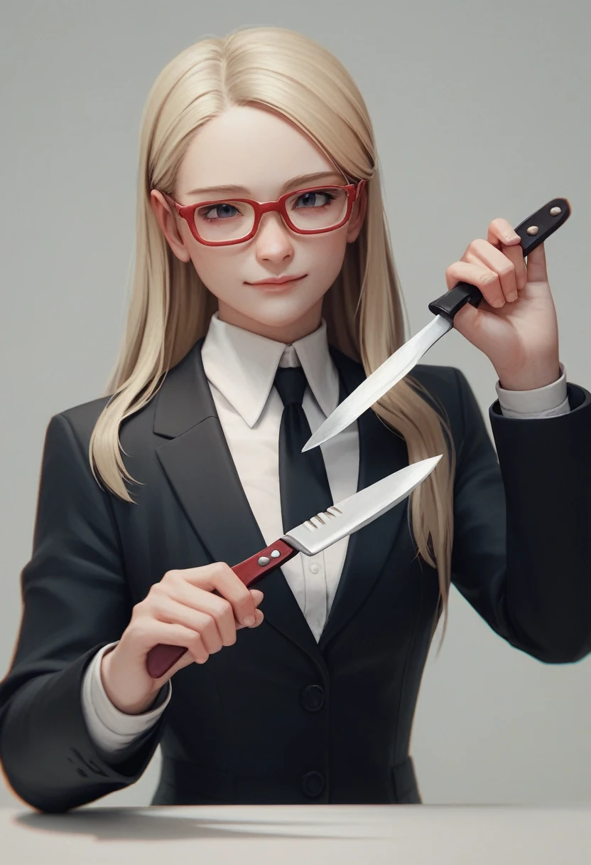 (a blonde woman with long hair cheerful), (only the bust), (Black Suit), (Red glasses), (open fathom holding fork), (holding a knife), (3d style image).