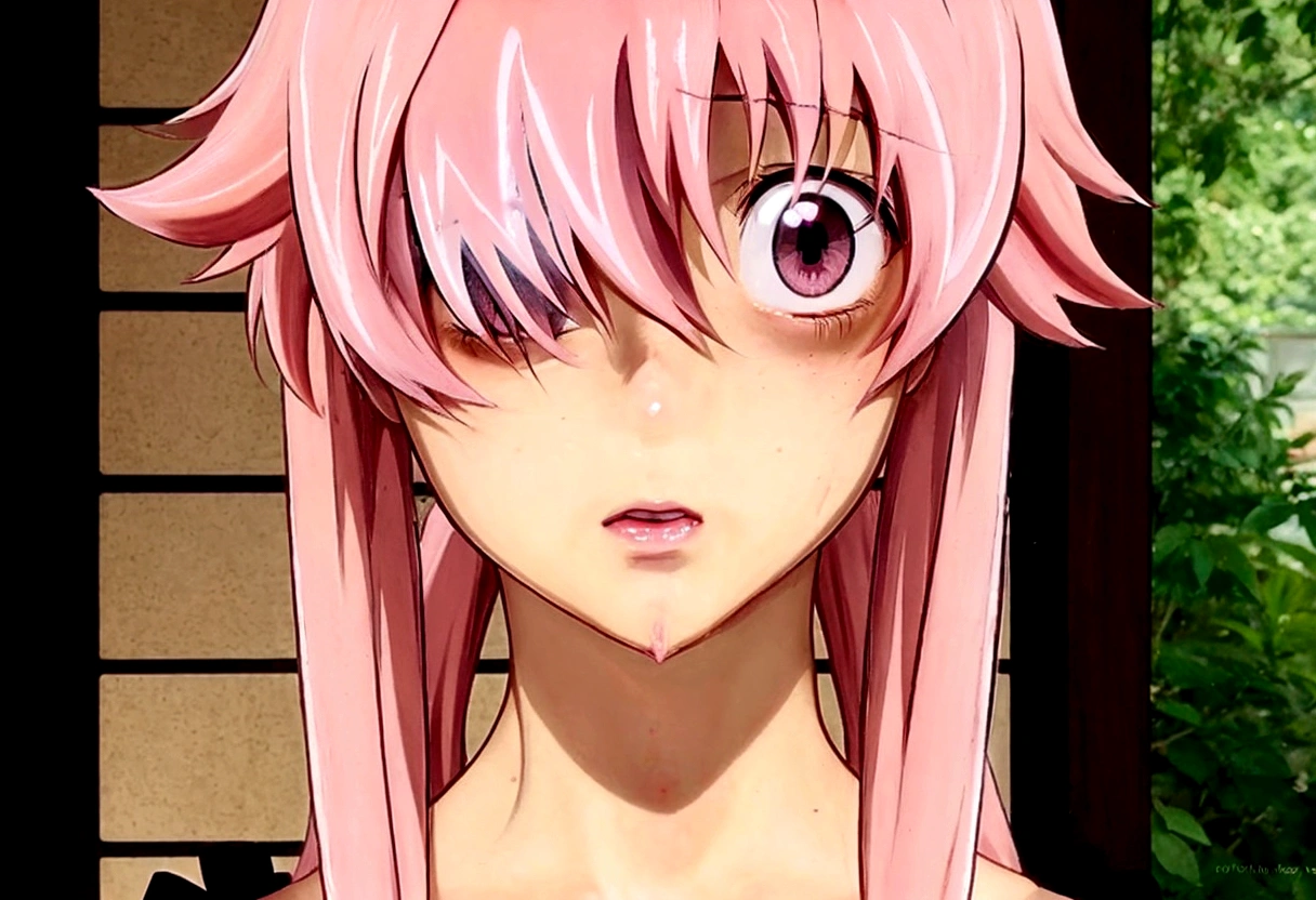 Anime girl with pink hair and pink eyes looking at the camera., Chica anime llamada Gasai Yuno, Mirai Nikki, Gasai Yuno, closeup of another iwakura, closeup of a young anime girl, closeup of another iwakura, cheered up&quot;, travel mirai nikki, as an cartoon character, cartoon character, extremely cute anime girl face