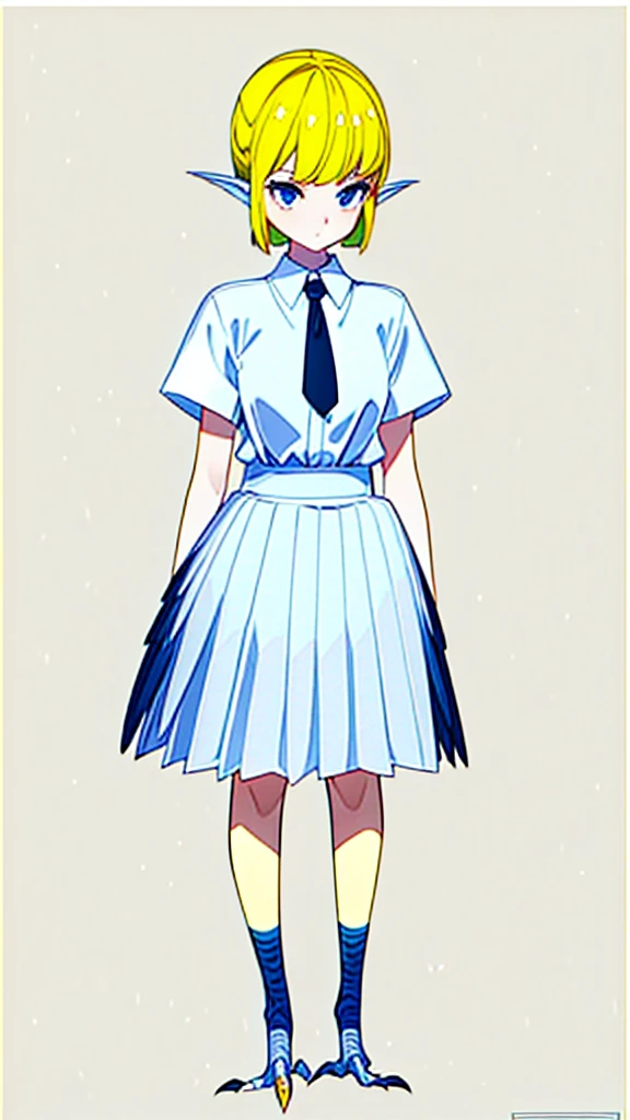 1girl,20s,happy,white shirt,black standard tie,short sleeves,white school skirt,short hair,blonde hair,pointy ears,((harpy,harpy wings)),illustration