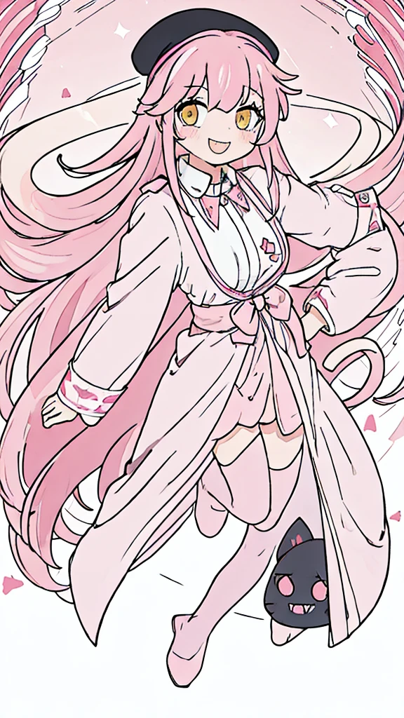 Highest quality, 1 girl, best quality, long pink hair, neck collar shirt, shows shoulders, pink robe open in front, white thigh highs, light yellow eyes, orange outfit, smiling, cat mouth, sharp teeth, full body, pink cat ears, black beret