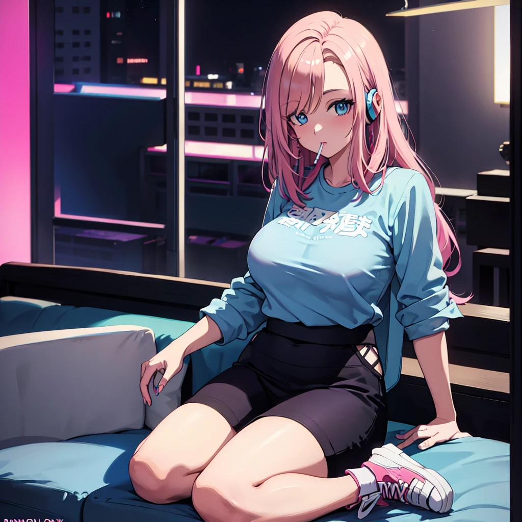 (masterpiece), Highest quality, Expressive eyes, Neon pastel aesthetics, Retro 90s, Neon color,((Girl sitting on sofa,Smoking a cigarette,Records hanging on her wall, Comic books on the floor, Looking out the window behind her at the night city, Upholstered room, Anime figures lined up on a shelf)), Wearing headphones, (All around her it sparkles), (wearing thick colorful sneakers), (blue eyes), (Soft look), (Synthwave Art Style), Colorful Hair, Desk with PC set up