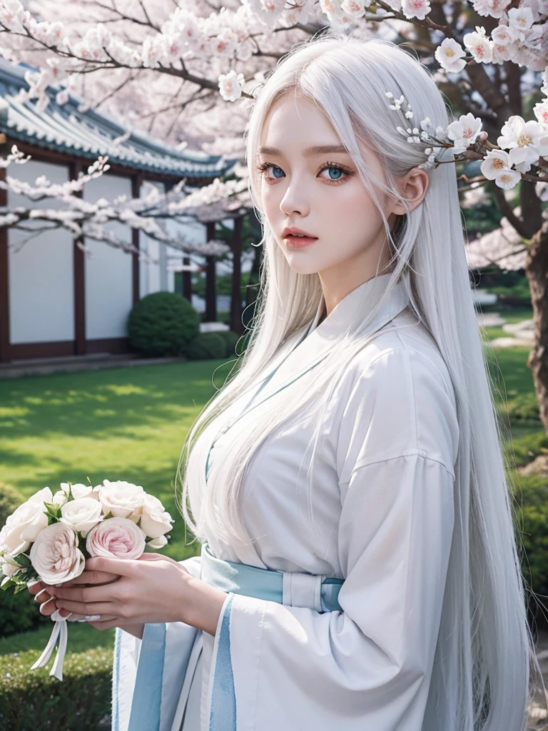 Long white hair, blue eyes, serious features, white skin, loose style, in a garden, with flowers , in the forest ,in the Sakura Korea ,Korean Palace