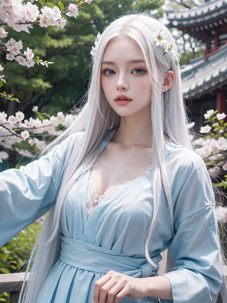 Long white hair, blue eyes, serious features, white skin, loose style, in a garden, with flowers , in the forest ,in the Sakura Korea ,Korean Palace 