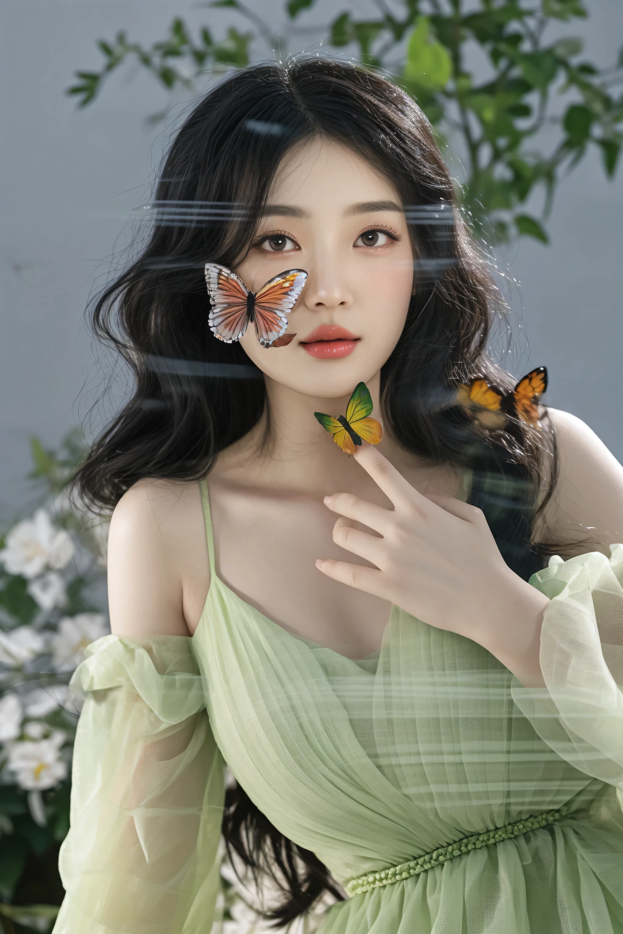 there is a woman with a butterfly on her nose and a green dress, wenfei ye, harmony of butterfly, inspired by Gao Qipei, double exposure portrait, inspired by Jung Park, mingchen shen, jingna zhang, xue han, wu liu, lulu chen, korean artist, jiyun chae, with beautiful wings, chengyou liu
