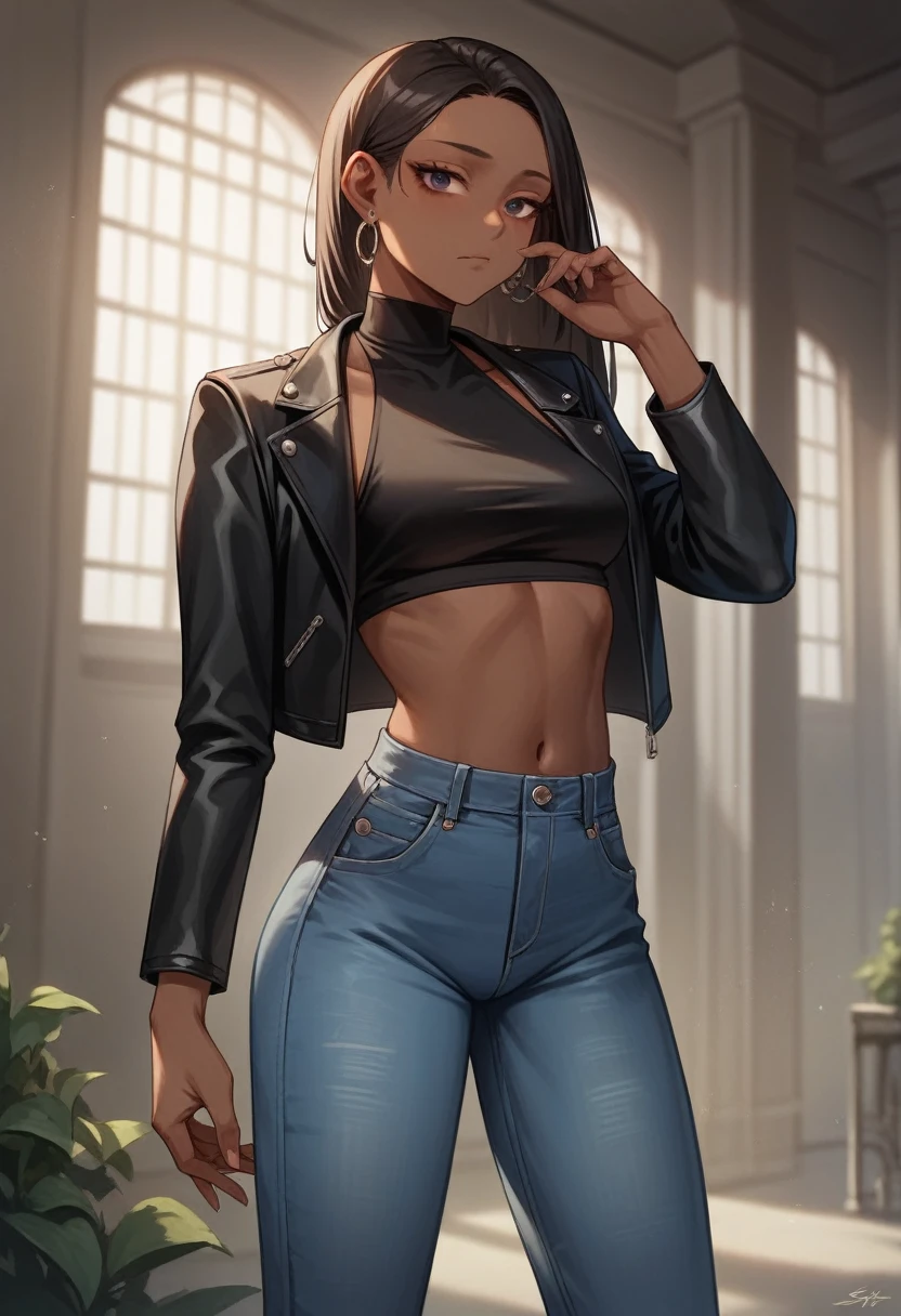 1 female, dark skin, slanty eyes, loop earings, long black straight hair, skimpy dress, black leather jacket crop top, Tight jeans, slim waist, hourglass figure, fiesty look, Masterpiece, 4k, University background.