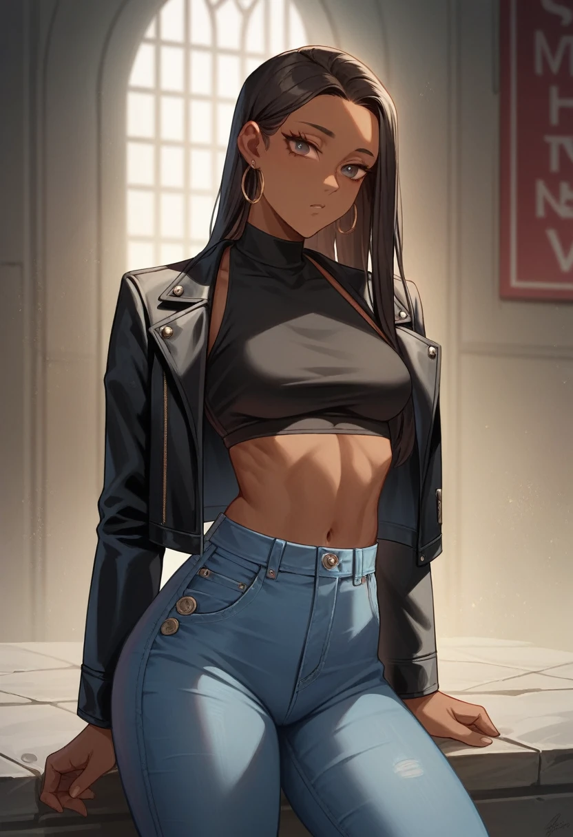 1 female, dark skin, slanty eyes, loop earings, long black straight hair, skimpy dress, black leather jacket crop top, Tight jeans, slim waist, hourglass figure, fiesty look, Masterpiece, 4k, University background.