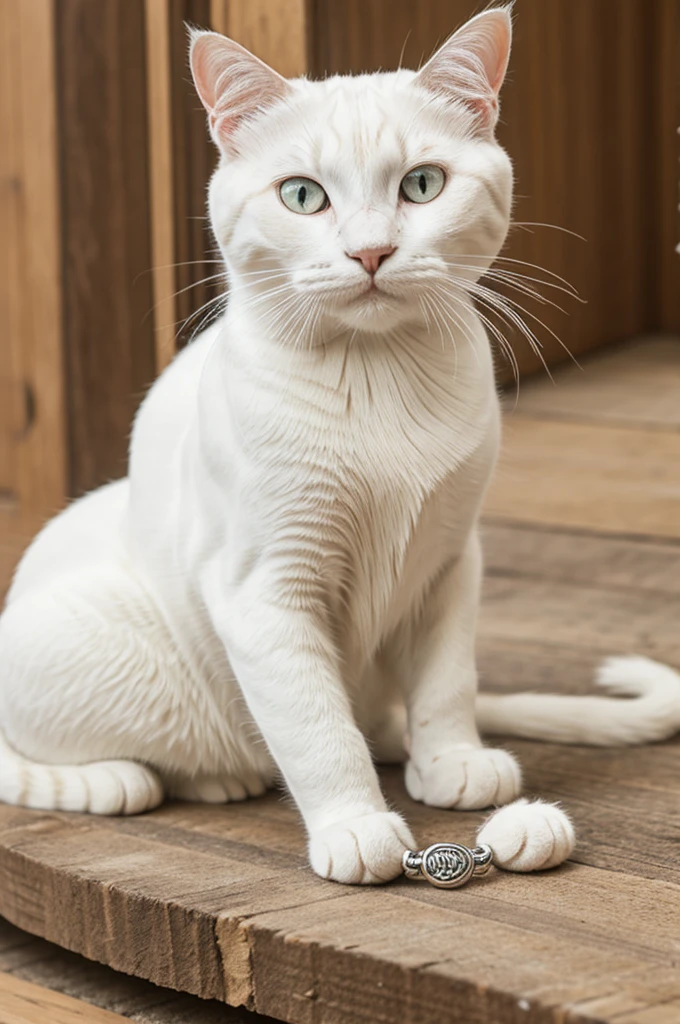 White cat with tabby stripes weaving a jewelry bracelet