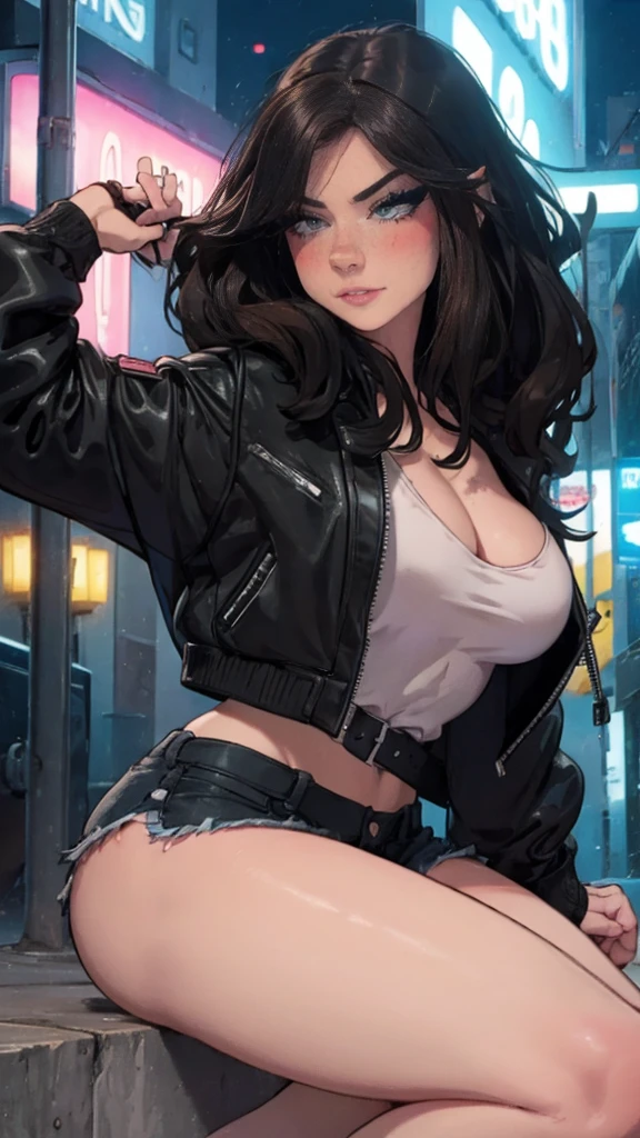 1 beautiful woman, 20 years, pale white skin (very detailed and delicate skin), bright blue eyes (vampire eyes) (very detailed and expressive eyes), black and red hair, short hair, perfect body, perfect abdomen, perfect round ass, make up, Red lips, delicate earrings, delicate neck, choker, hair band, look at the viewer, white sports bra, black jacket, tight sports pants, pose sexy, in the city, (Masterpiece), (8k) , (cinematic lighting, (photorealistic), (minute details)