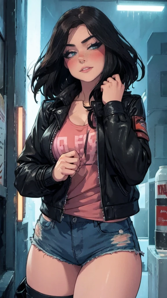 A beautiful woman, detailed eyes, Messy dark hair, during, He is wearing a leather jacket, some shorts, city at night, front view, blush, posing, perfect hands, good anatomy, curvy, she has a katana, neon lighting