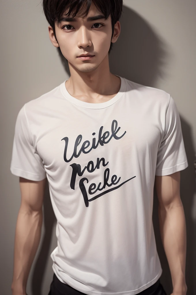 A handsome, muscular young Asian man looks at the camera. In a simple t-shirt white and red , Fieldside, grass, beach, sunlight