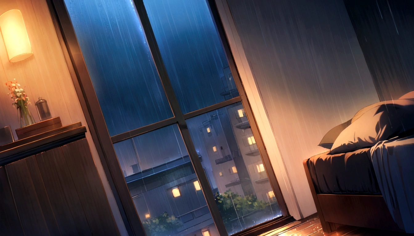a dark eyed level angle apartment room, window with rain, High quality, AT NIGHT, warm and blue tone

