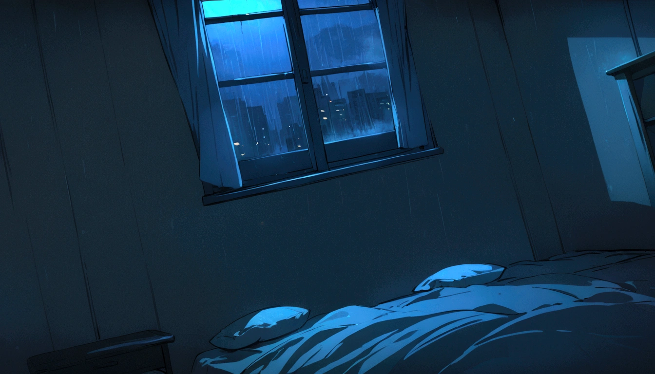 a dark eyed level angle apartment room, window with rain, High quality, AT NIGHT, warm and blue tone