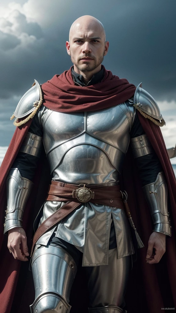 Create an ultra-realistic illustration of a character from a medieval battle game. The Character is a warrior or military leader. Physiognomy that commands respect, completely bald (no hair). The character's posture is erect and imposing, suggesting confidence and authority. The character wears detailed armor, indicating high status or command position. The armor consists of overlapping metal plates on the torso and legs up to the knees. Golden eagle-shaped ornaments adorn the armor's breastplate. A long red cape with a yellow-orange interior is worn over the armor, lending a sense of nobility or leadership. The character also wears white furs on his shoulders, possibly as part of protection or to indicate prestige. His right hand is holding his greatsword which is in the sheath located at his waist. The setting is the battlefield with dark and cloudy tones in the background.