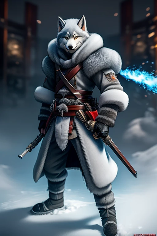 a huige white and grey fur snow wolf ready to fight in an epic battle with a gattling gun in his hand