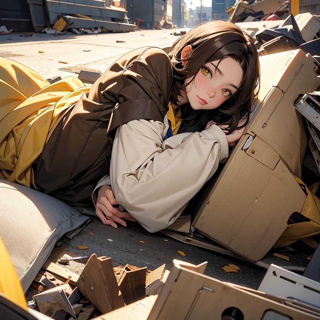 robot waifu girl, short brown hair, yellow eyes, lying broken in a pile of trash