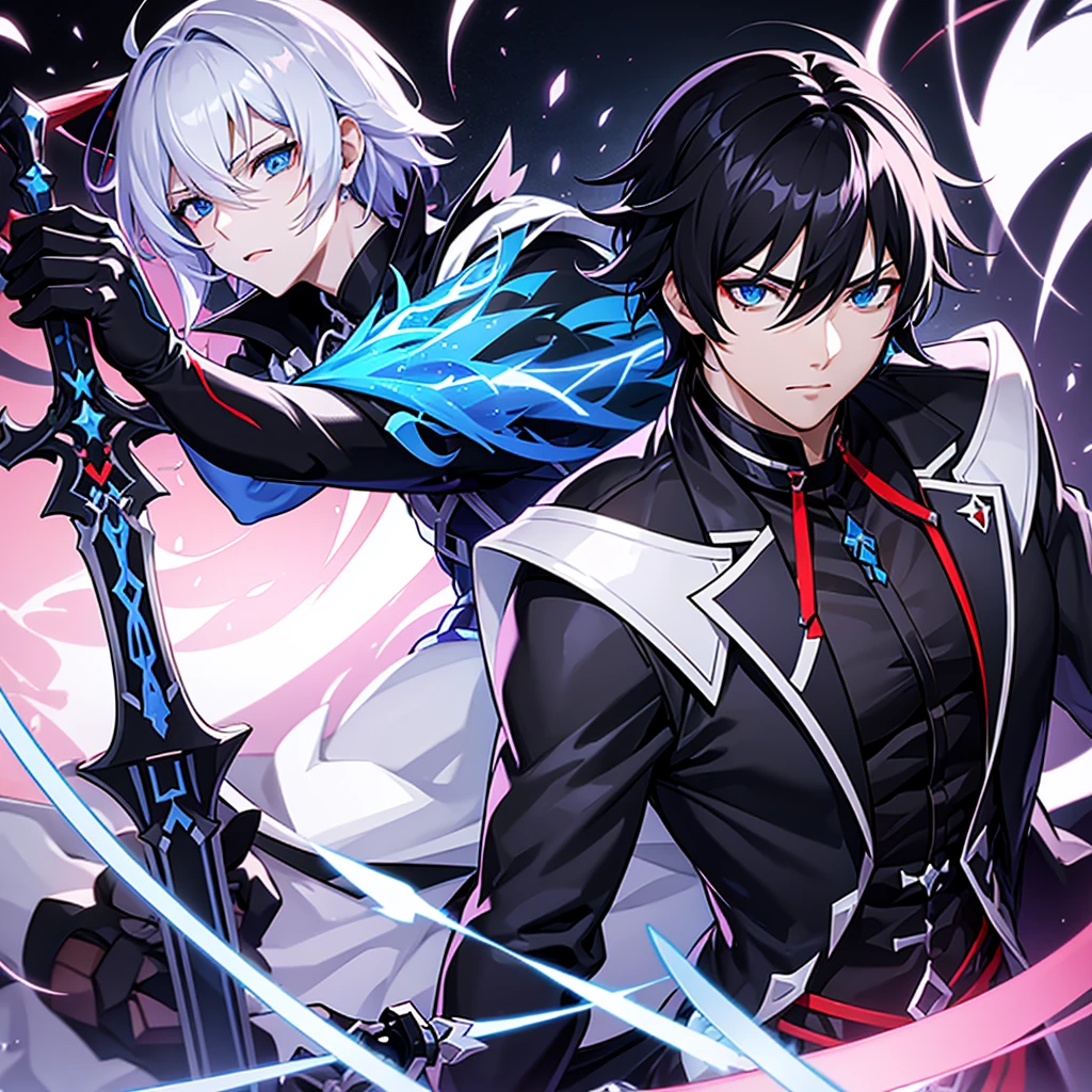 Honkai impact male black hair and blue eyes and sword 