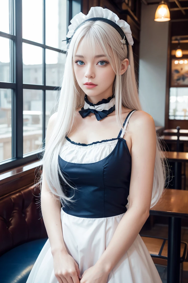 score_9, score_8_up, score_7_up, source_anime, solo, three-quarter portrait, portrait, maid, cowboy shot, space station, cross-popping vein, space, window, cafe, restaurant, long hair, white hair, gradient hair, hair ornament, heterochromia, red eyes, blue eyes,
