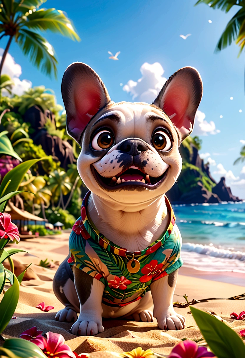 (Highest quality,4K,8K,High resolution,)Private beach in Hawaii at noon、Infinity symbol,3D Model,Colorful colors,Hawaii private beach background、pop、From the central viewer'perspective、French Bulldog iidsummer Style Aloha Shirt Fashion Style,To the beach、face、Under the chin、Stomach、head、feet、ear、all、Light grey skinned French bulldog、Very delicate