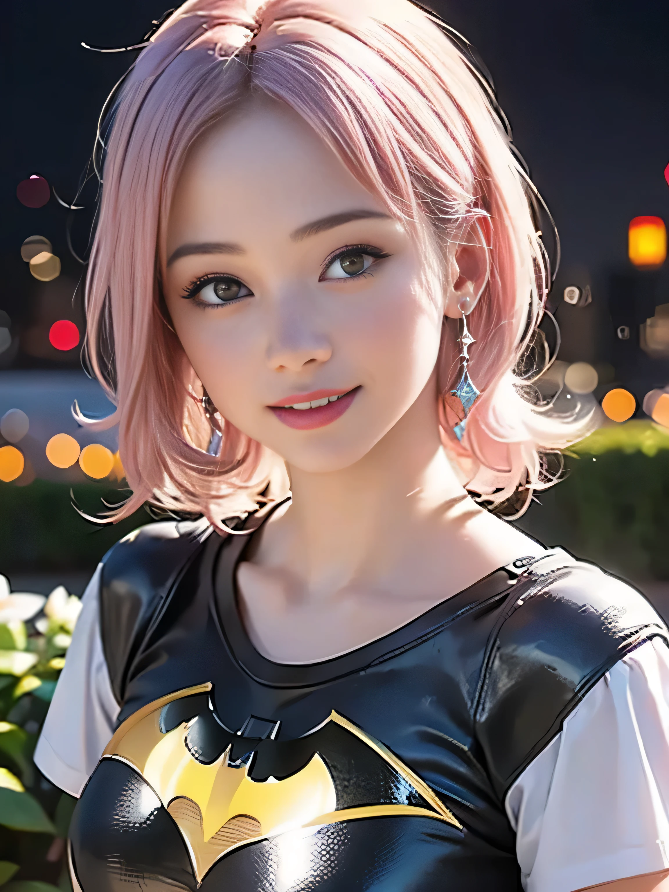 (photorealistic:1.5),(Realistic:1.5),(solo, one girl:1.5),(shine a bright light on women),(ultimate beautiful girl:1.5),(platinum pink Hair:1.3),(shiny skin),(oily skin),(use pink glossy lips),(sweet smelling girl),(virgin girl:2.0),chuuChloe,(cute:1.3),(relaxing time:1.5),(holiday),(Sexy lips),(Rose Garden),(large eyes),(animation face:1.5),(Pure:1.5),(Sweet Smile:1.5),(big breasts),(Batman Tshirt:1.3)