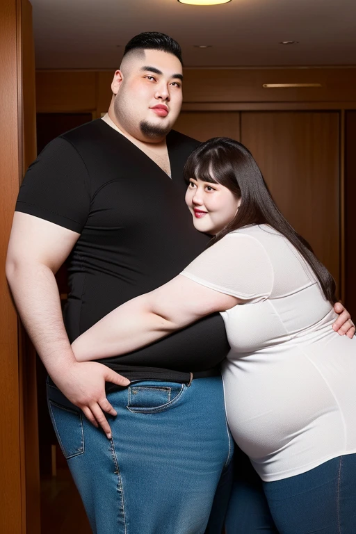 186cm 105kg thin man with abdominal obesity, ((140kg obese woman)), A friendly extremely obese man and woman couple, photorealistic, 8K