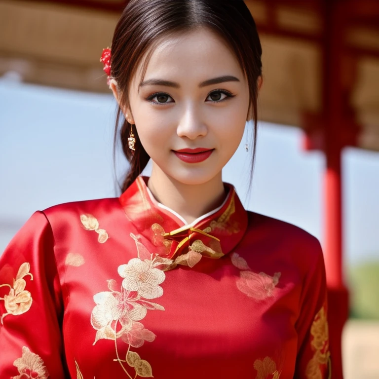 Asian woman Arav in red dress poses for photo, wearing a red Cheongsam, Cheongsam, Chinese dress, Chinese style, traditional chinese, Chinese woman, with ancient Chinese clothing, expensive silk, traditional chinese clothing, Chinese girl, Chinese dress, Gorgeous Chinese model, beautiful oriental woman, Chinese princess, สวมชุดCheongsamสีน้ำเงิน, Wearing a bright red dress 8k, 3-D, 45,000,000,000 pixels, Too realistic,