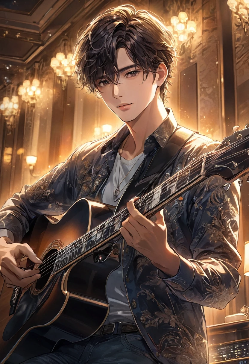 Handsome man , A delicate and handsome guitarist playing guitar(Face clear and perfect)Image，The background is hotel scene lighting art perfect, Beautifully, Intricate illustrations, art work concept art work masterpiece, best quality, Super detailed, HD