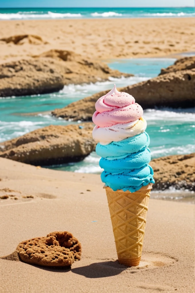An ice cream cone that has the colors of the Argentine flag and a beach in the background