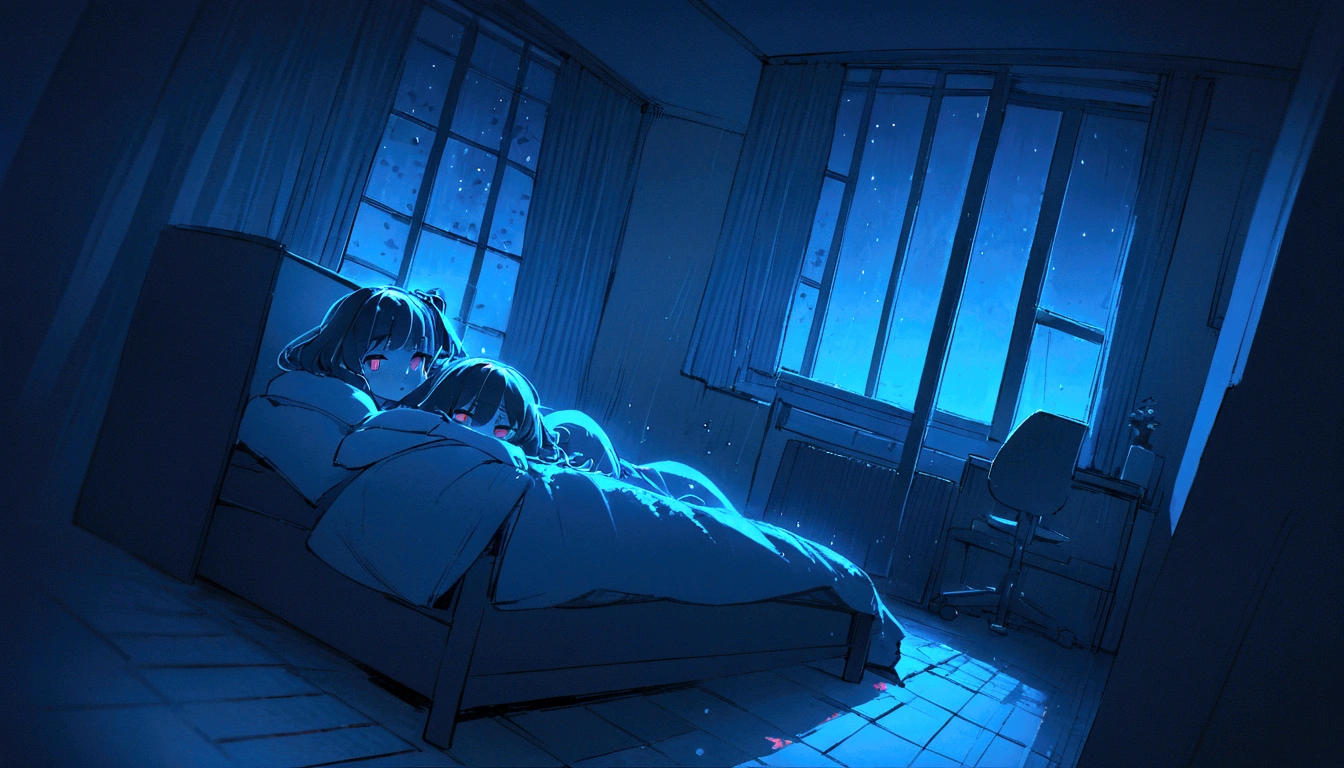 wide angle, apartment room, window with rainy night, High quality, AT NIGHT, warm and blue tone, lofi girl study