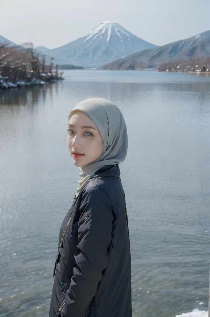 (Hijab:1.7), shy stance, ((Midnight, Best Quality, 8K, Masterpiece :1.3)), Full Body, (realistic photos of Hijab Korean female, slightly smile,expressive eyes,eye makeup, ((Lake Kawaguchiko, Japan background)) ,standing posture,confident attitude,Eye-Level Shot, slightly blurry background,UHD,masterpiece:1.2,highres,16k), long Jeans, black, (Parka-jacket:1.2), snow foggy weather,