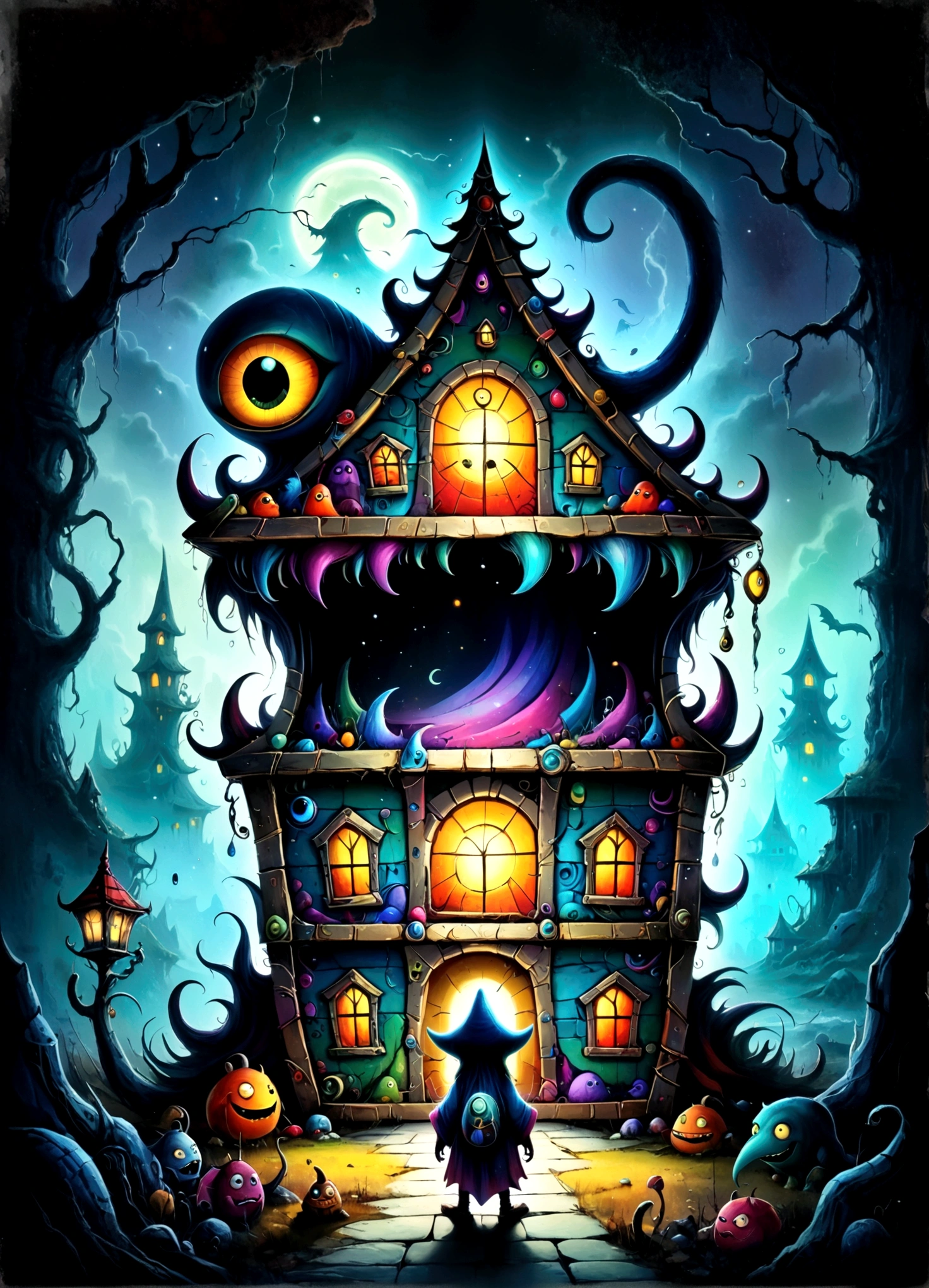 Colorful treasure chest monsters,Artistically expressed,by Alexander Jansson　style, Stunningly beautiful work, The characters and elements of the landscape fit perfectly within the image frame, Detailed realization, Define high quality, Expressive Face, Sharp eyes,(background:Ghost House),masterpiece,Cute Monster