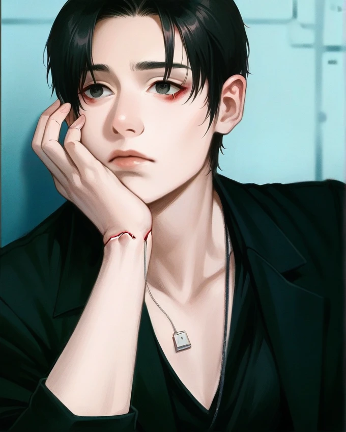 young boy, short black hair, closed eyes, white tattoos on the face, Daredevil, Masterpiece, high qulity
