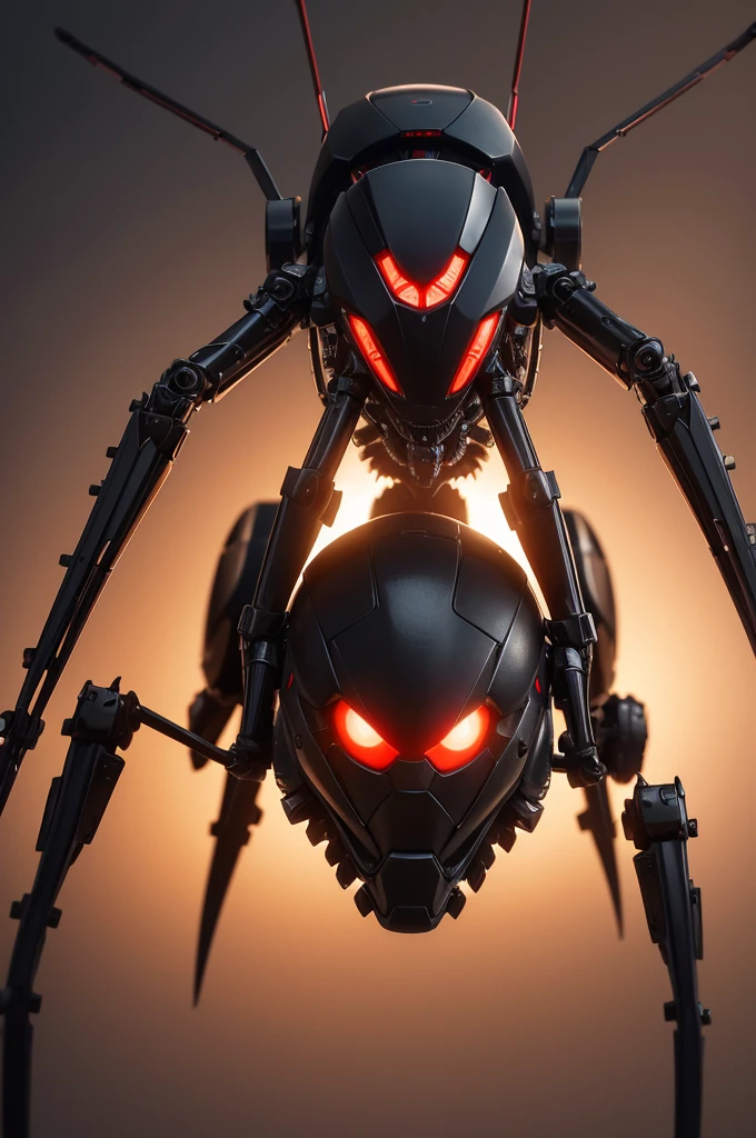 Create an image of a mechanical black widow spider. The spider must have a polished metal body with intricate details, luminous red eyes and jointed legs that appear to be made of gears and pistons. The background should be dark and futuristic, highlighting the spider with soft lighting that highlights its mechanical characteristics.