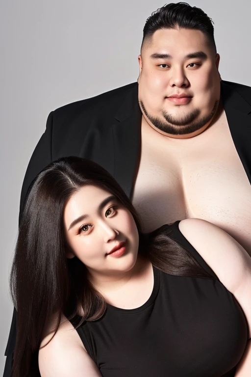 186cm 105kg thin man with abdominal obesity, ((140kg upper body obese woman)), A friendly extremely obese man and woman couple, photorealistic, 8K