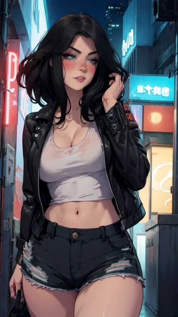 A beautiful woman, detailed eyes, Messy dark hair, during, He is wearing a leather jacket, some shorts, city at night, front view, blush, posing, perfect hands, good anatomy, curvy, she has a katana, neon lighting