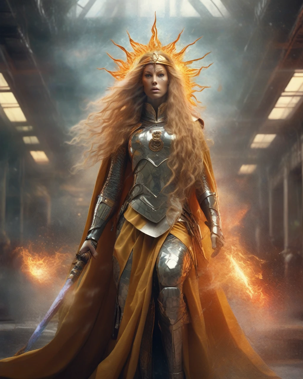 (Colorful, Ultra realistic, Intricate, awesome high resolution photography), (Superb close view of a a tall lady warrior in perfect body proportion, perfect face, perfect body, futuristic royal regalia, wet cloak, very long-golden hair, blowing hair, weapon-armor, google helmet, medusa head, chakra-golden rays surrounded, mystical aura, ethereal, fire element) engaged in a scientific experiment in A mythical realm where time stands still, with floating hourglasses and ancient clocks frozen in place.), (Lots of different textures, lots of textures, fluids, Amazing scenery), (dramatic lighting, masterpiece), (Colorful, Ultra Realistic, High quality, Ultra detailed, Sharp focus, 8K UHD, Ultra realism, Movie scene, trending on Civitai)