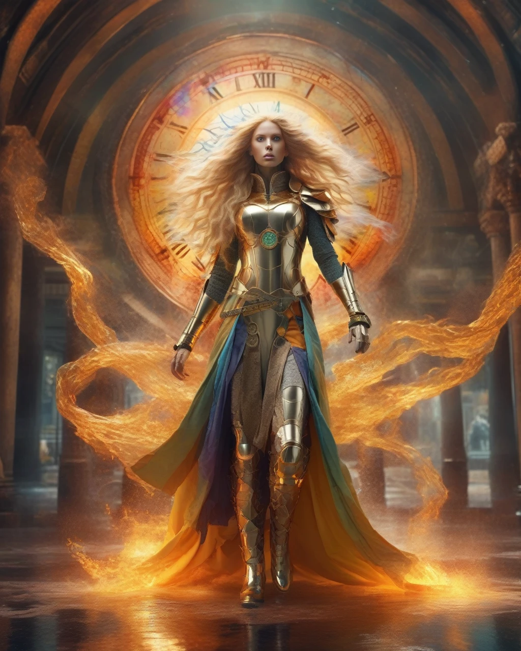 a tall lady in perfect body proportion, perfect face, perfect body, chakra-royal regalia, wet cloak, very long-golden hair, blowing hair, medusa hair, one hand pointing the sky, high heels, golden rays surrounded, mystical aura, ethereal, fire element, death massive-flames in background, dark moon, unreal engine, cinema art photographic, cinematic motion picture, 8k, super detailed, bottom view, bottom camera angle