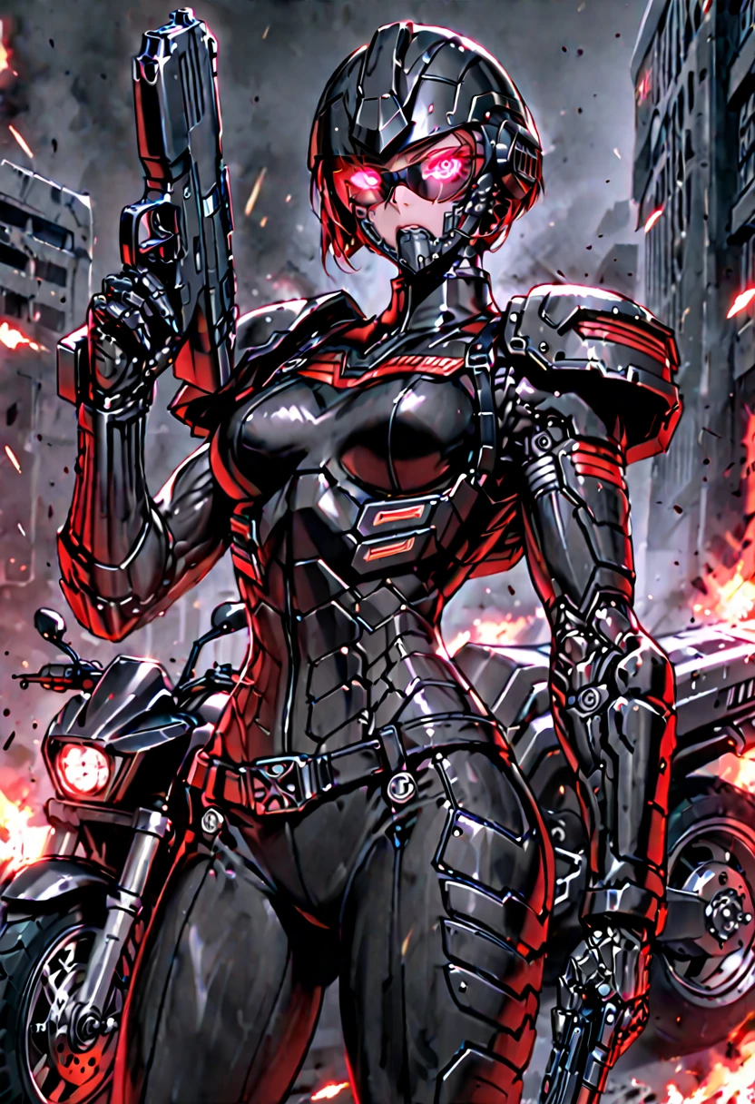 female, solo, tall woman, athletic, judge dredd outfit, futuristic, helmet, frown, bulky ballistic armor, holding huge handgun, from the hip up, armored police motorcycle, muscular, black police clothes, sunglasses, glowing eyes:0.3, red eyes, black cyborg arms, bullet proof armor