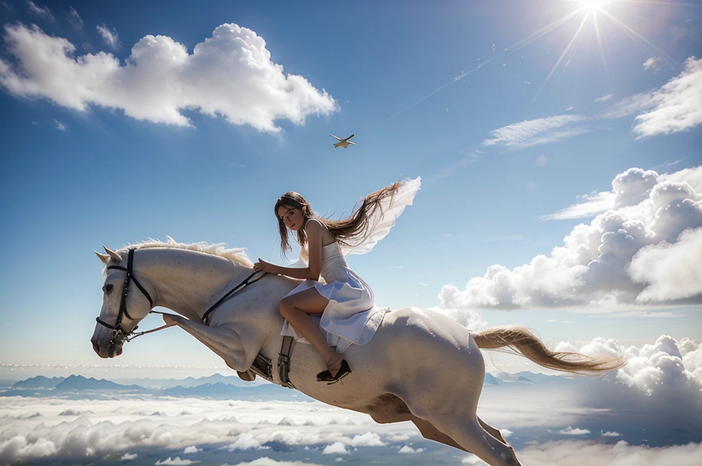 A beautiful slender girl in a white dress flies above the clouds on the back of a pegasus.