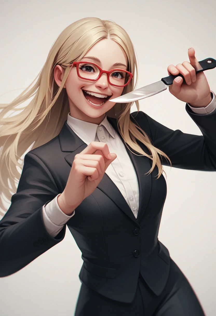 (Blonde woman with long hair), (happy), (only the bust), (Black Suit), (Red glasses), (open arm holding fork), (holding a knife), (3d style image).