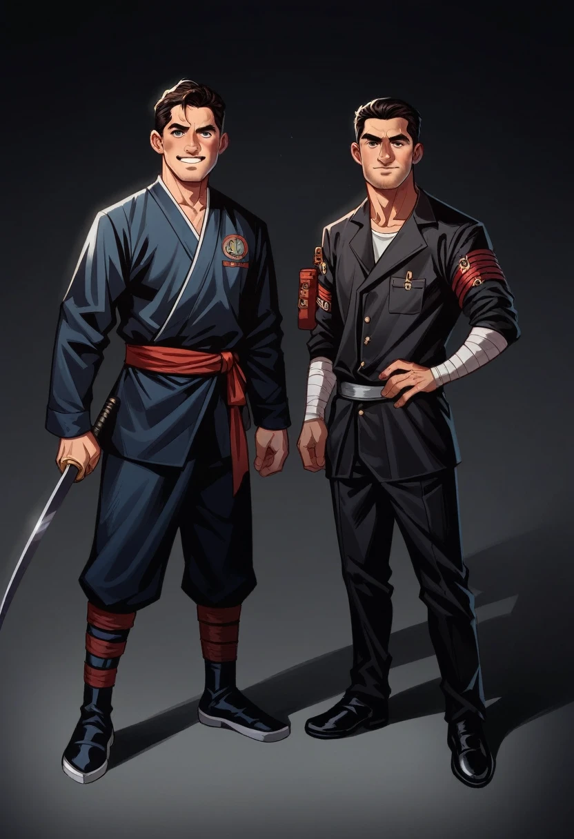 Two men dressed in black and red posing for a photo., in the style of sifu 🔥 😎 🕹️ 👀 :2, cristiano ronaldo as batman, 🕹️ 😎 🔫 🤖 🚬, samurai flight suit, samurai costume, dragon inspired fabric tunics, messi as viking, Inspired by Kan'o Hogai, like samurai
