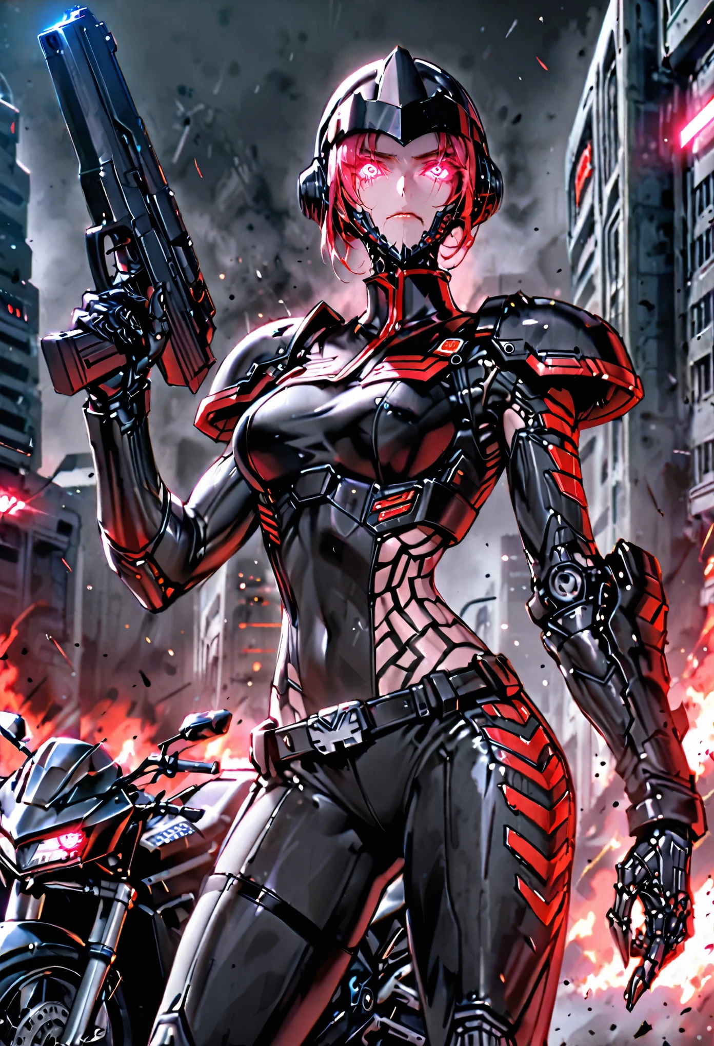 female, solo, tall woman, athletic, judge dredd outfit, futuristic, helmet, frown, ballistic armor, holding huge handgun, from the hip up, armored police motorcycle, muscular, black police clothes, sunglasses, glowing eyes:0.3, red eyes, black cyborg arms,